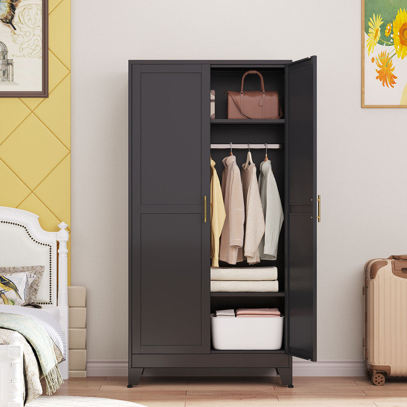 Ebern Designs 70.87"H Metal Freestanding Wardrobe Closet Armoires Cabinet For Bedroom With Hanging Rod, Black
