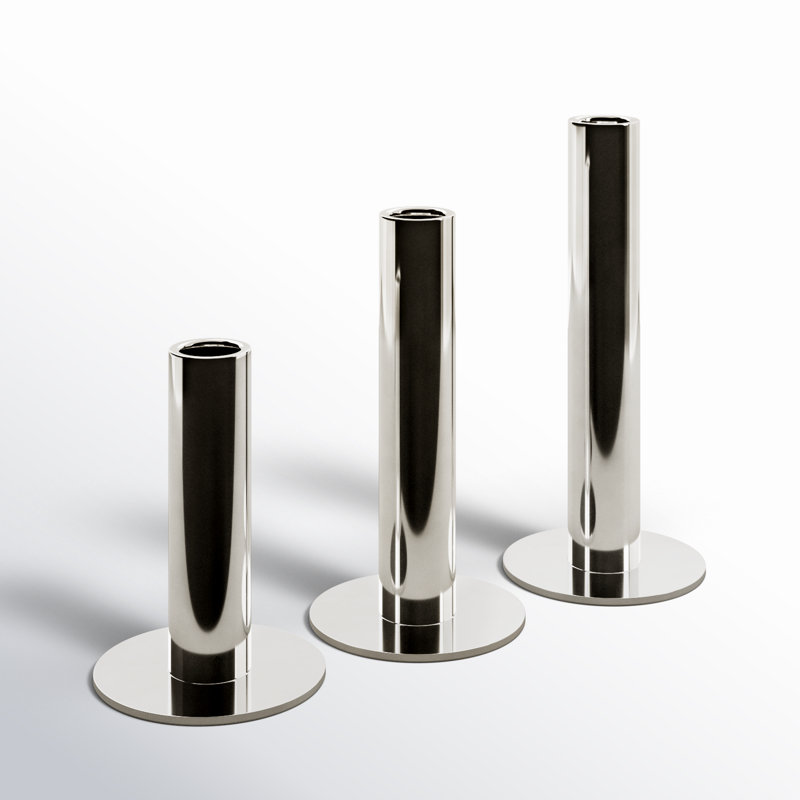 Kage 3 Piece Stainless Steel Tabletop Candlestick Set, Polished Silver