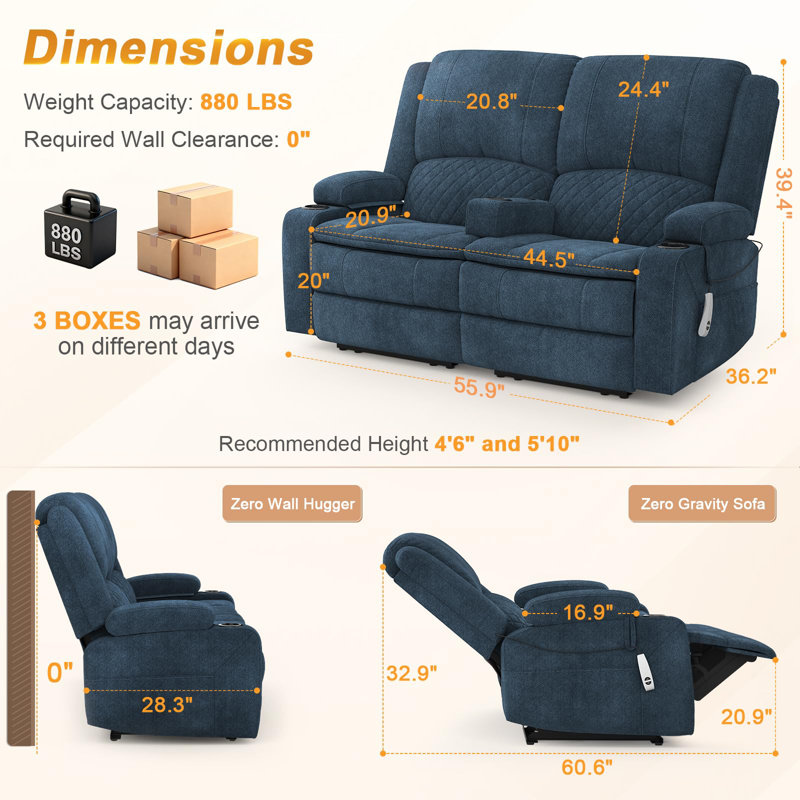 Loveseat Recliner Sofa, Loveseat with Removable Armrest, USB Ports, Cup Holders, Fabric, Blue