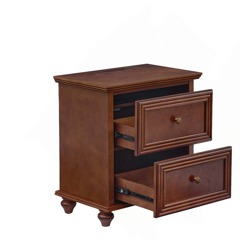 Table de chevet Mid-Century moderne avec station de charge et trou de sortie et 2 tiroirs, Walnut