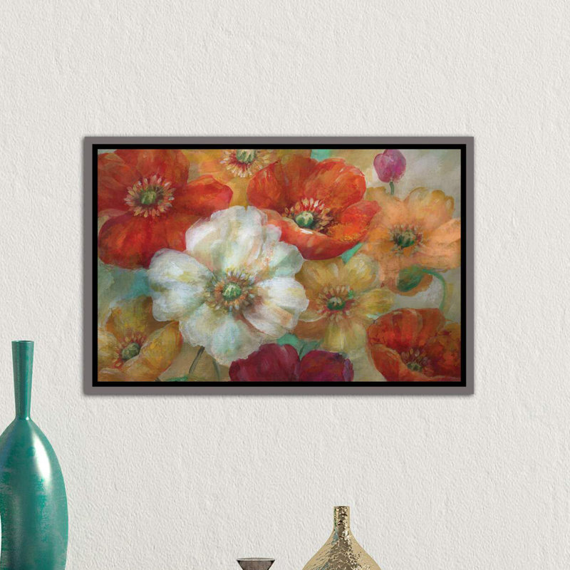 « poppycentric » par nan-reproduction d’art, H 32 po x l 48 po x P 1,5 po, Toile encadrée de bois rustique foncé
