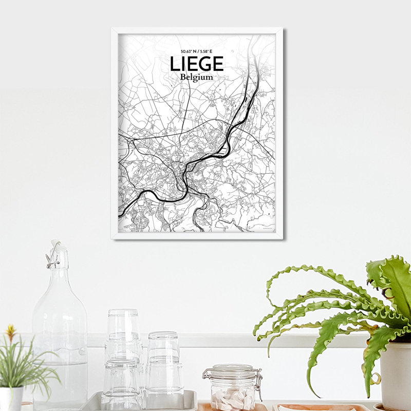 «Liege City Map», impression, Noir / blanc, H 20 po x l 16 po