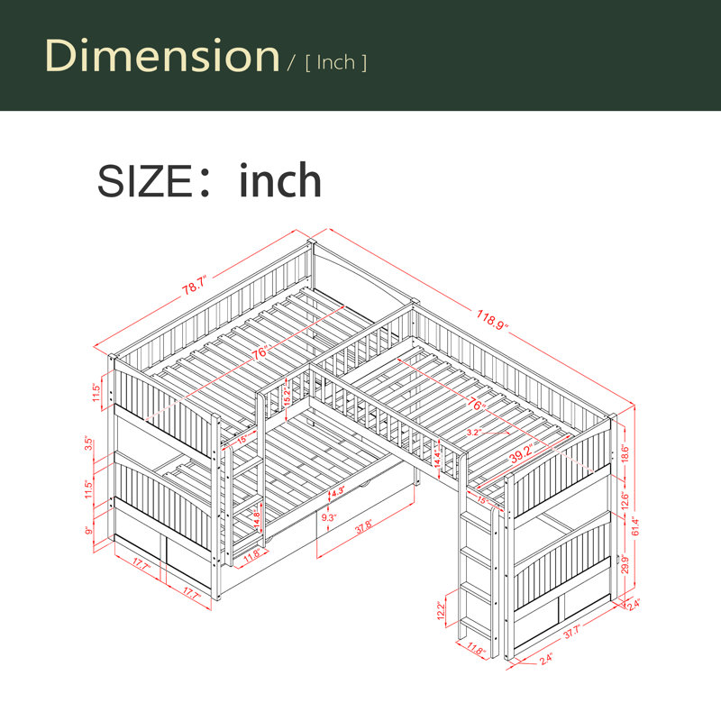 Lit superposé avec lit mezzanine attaché, avec deux tiroirs, Blanc