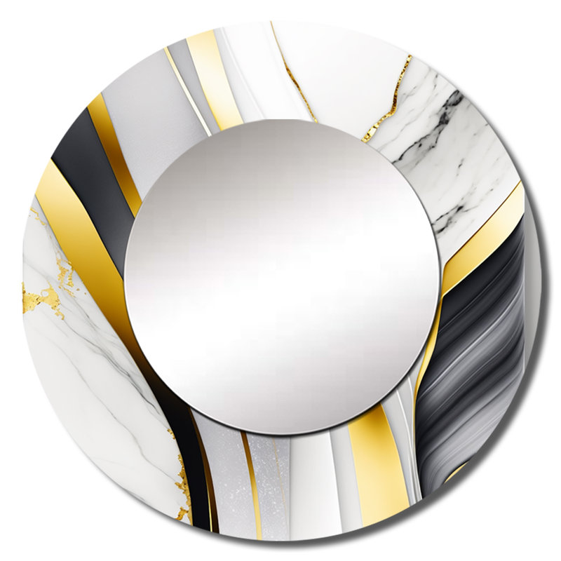 Okyay abstrait Geode Waves Gray II - miroir mural décoratif abstrait, miroir rond gris, impression d'art en métal