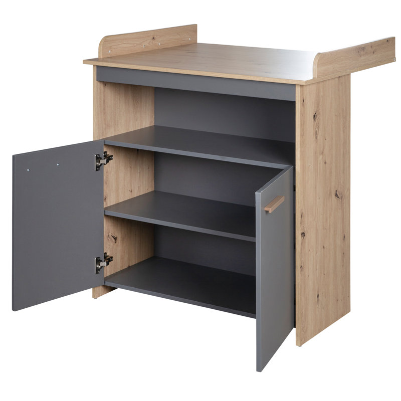 Anna Unit with Removable Top - Open Compartment and 2 Doors - Baby Chest That Grows with Your Child - Handles Made of Wood - Anthracite / Kent Oak Decor Changing Table