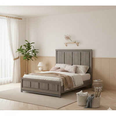 One-Piece Contemporary Queen-Sized Panel Bed With A Streamlined, Simple Design, In A Soothing Gray Oak Finish.