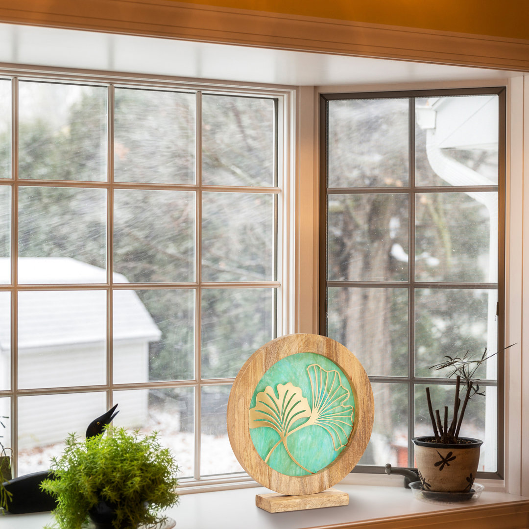 14"H Ginkgo Leaf Theme Round Decorative Stained Glass & Metal Stand With Wood Frame House of Hampton®