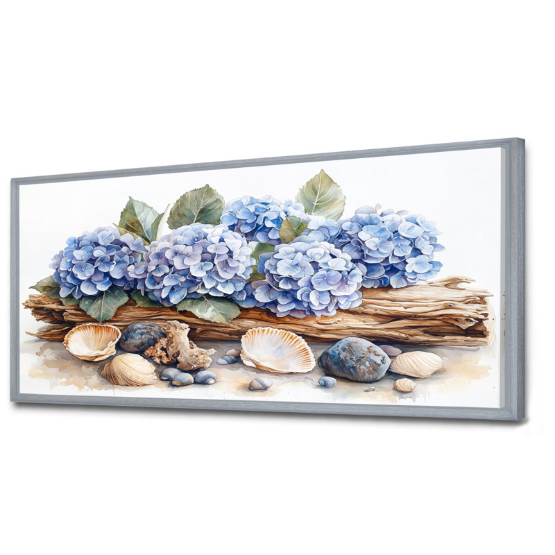 Domoni hortensias et bois flottant, H 28 po x l 60 po, Impression encadrée flottante, Argent argent