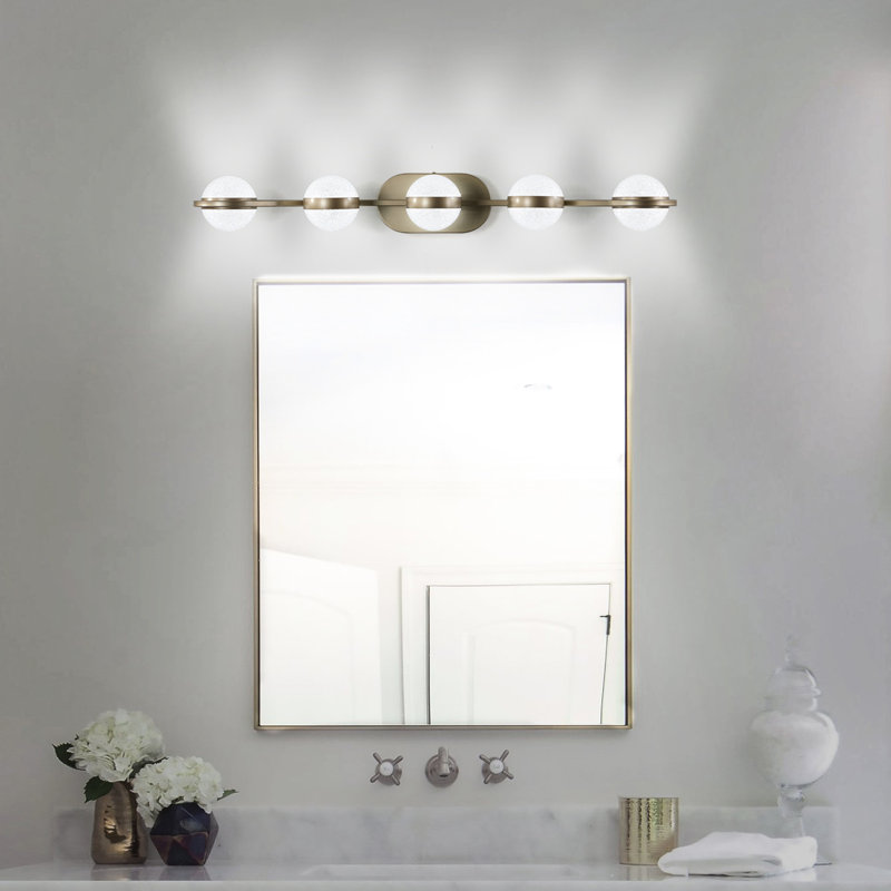 Meuble-lavabo de salle de bain à 5 ampoules à DEL avec abat-jour en acrylique et sable au fini cristal, or et champagne, conception moderne, convient au cadre de chambre à coucher à miroir, style décoratif simple, économie d'énergie