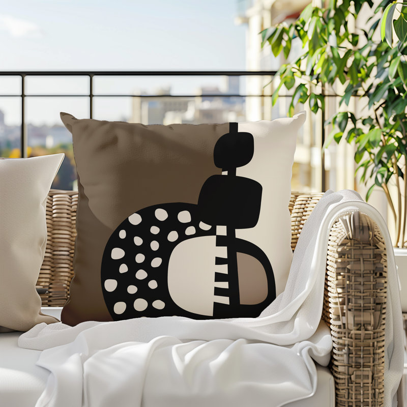 Oreiller carré réversible intérieur / extérieur Khari, H 15 po x l 15 po, Beige / noir / blanc cassé abstrait