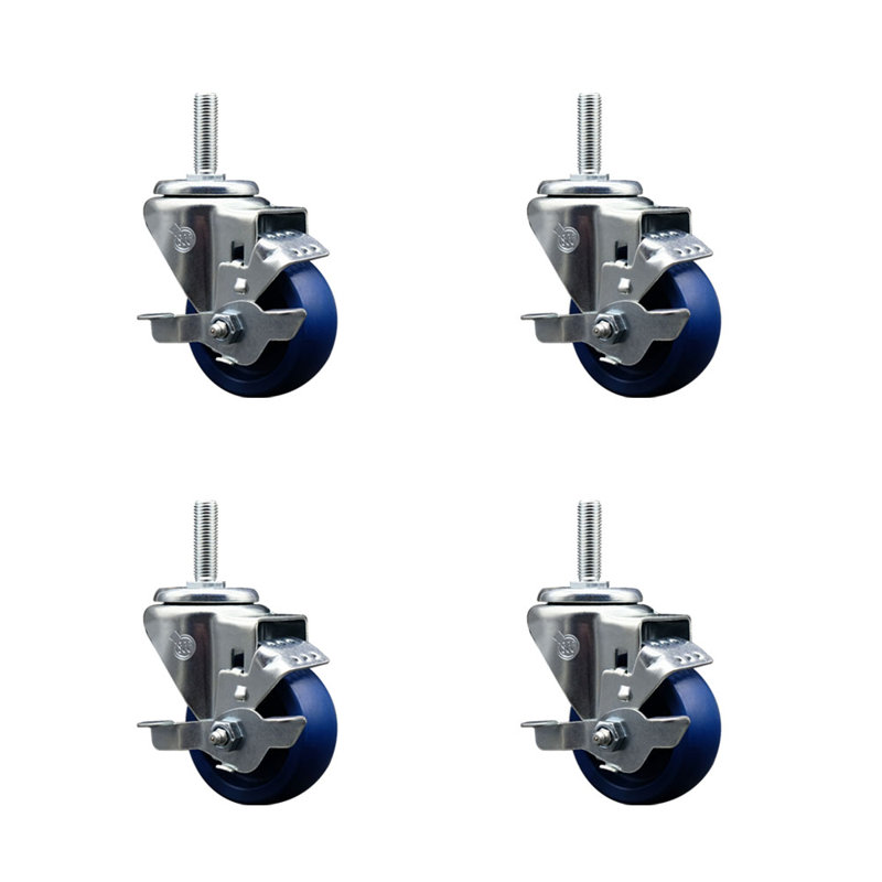 3 Inch_Solid Poly Wheel Swivel 5/8 Inch Threaded Stem Caster Set with Brake