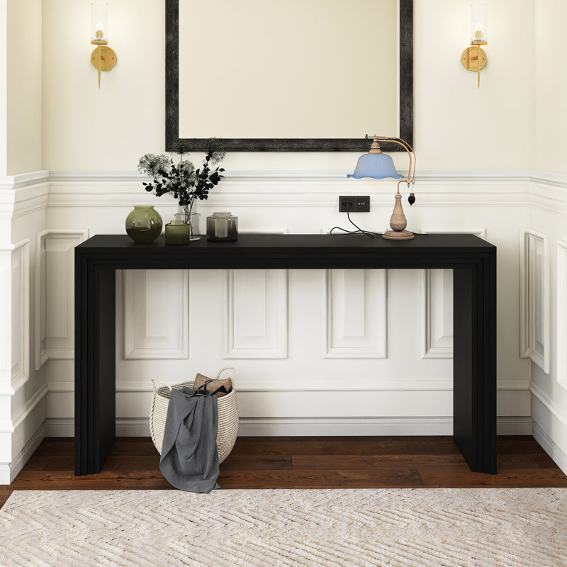 59.2" Wood Modern Striped Design Console Table, Black