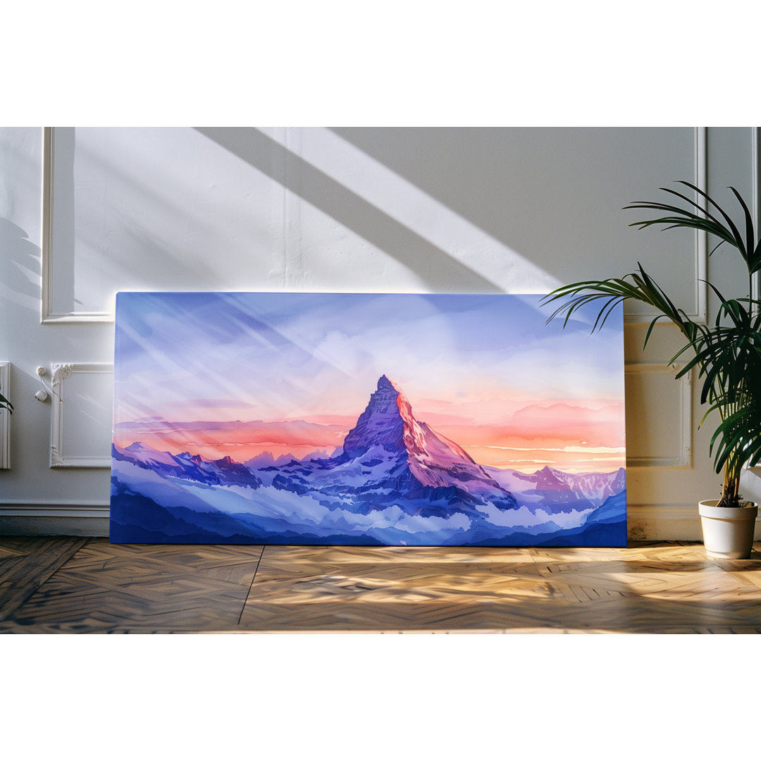 Gerahmtes Bild auf Leinwand 120x60cm Matterhorn Berggipfel Sonnenuntergang Blau Berge