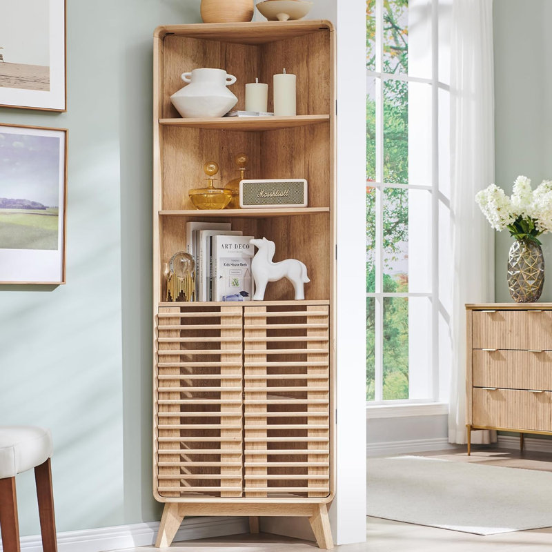 Freestanding Bathroom Cabinet, Corner Storage  Cabinet With Hidden Locker Underneath, Natural
