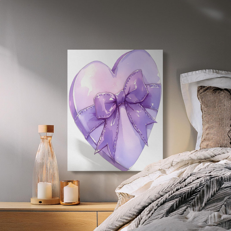 Watercolor Heart Gift Box Canvas, Coquette Room Decor, Romantic Pastel Bow Art Print, Gift, 8x10