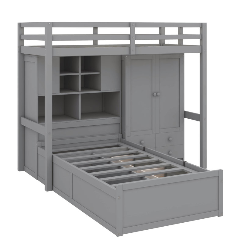 Lit superposé simple équipé d'un lit relevable hydraulique, d'une armoire, d'unités de rangement et de tiroirs, Gris