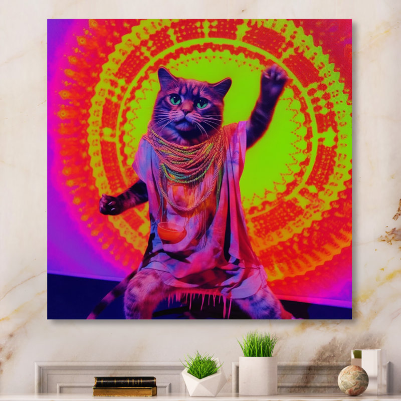 Chat Rave en néon rose - imprimé, H 30 po x l 30 po x P 1 po, Toile tendue