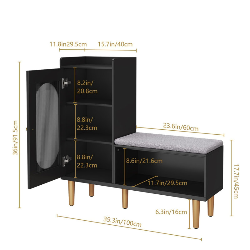48" L-shaped Shoe Storage Bench – Padded Seat, Glass Door & Shelf, Modern Organizer For Entryway/hallway/bedroom, Black