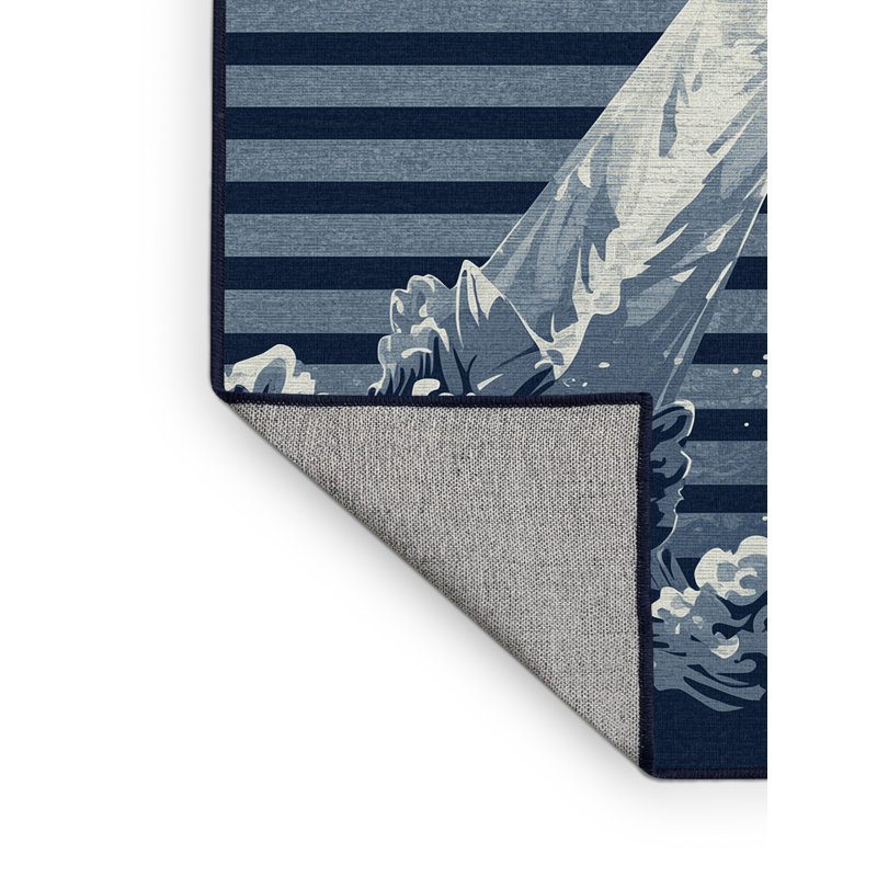 Tapis à rayures nautiques bleu marine et bleu marine lavable à la machine, 3x5