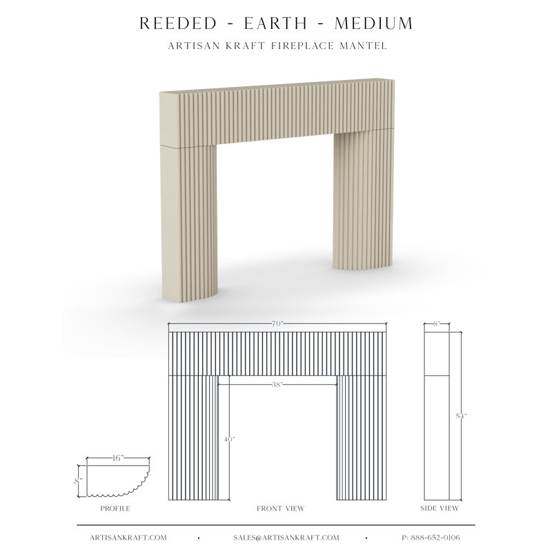 Reeded Cast Stone Fireplace Surround, Earth, 54" H x 70" W x 8" D