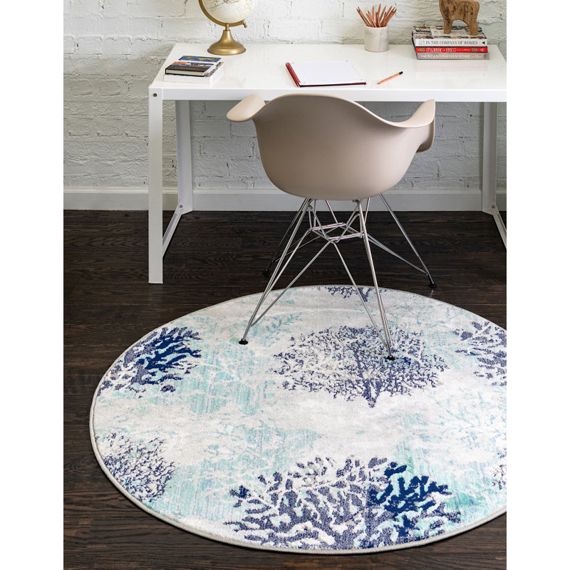 Tapis bleu turquoise à motif animalier Orason, Rond 4 pi