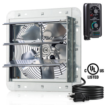 iLIVING ILG8SF10V-ST 10" Wall Mounted Shutter Exhaust Fan, Automatic Shutter, with Thermostat and Variable Speed controller, 0.6A, 820 CFM, 1200 SQF Coverage Area Silver