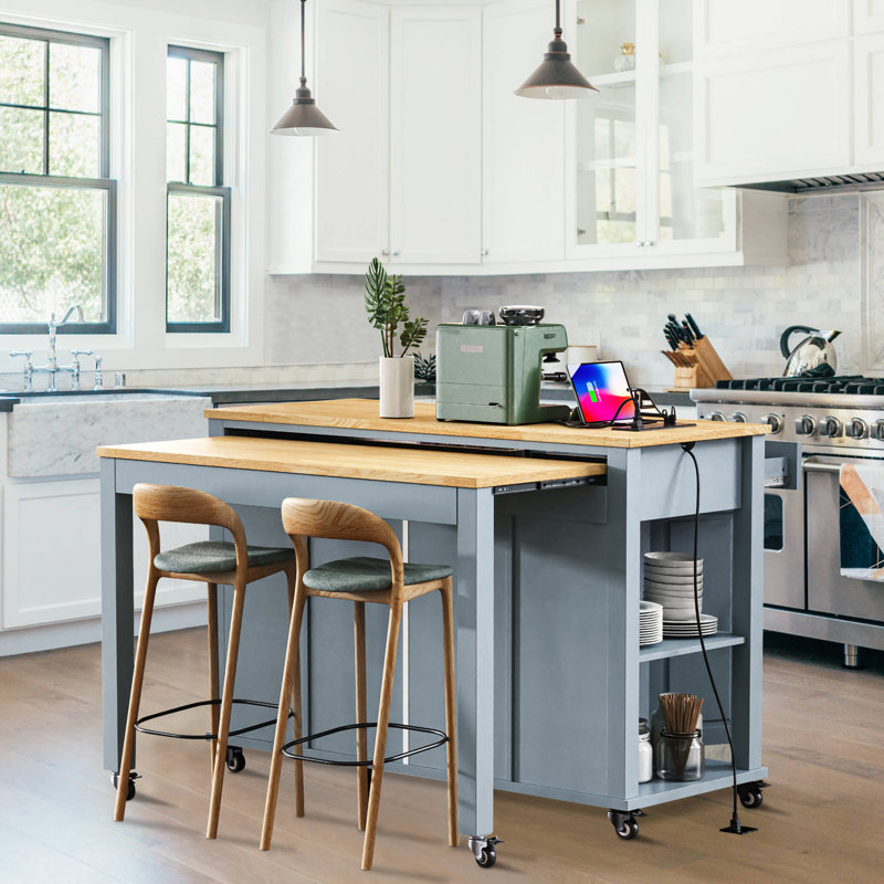 Îlot de cuisine avec table de salle à manger extensible, Bleu gris