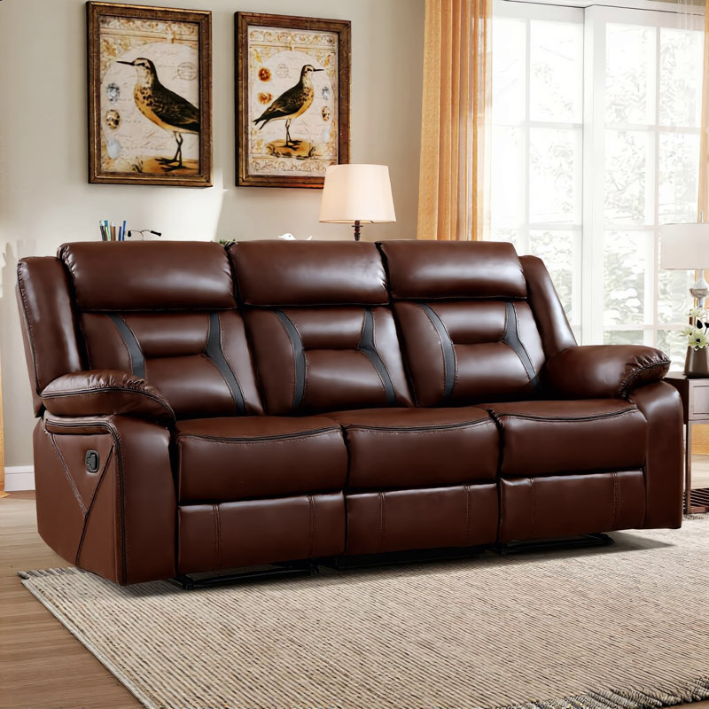 Etherine 84.6" W Vegan Leather Manual Reclining Sofa with Pillow Top Arms, Dark Brown
