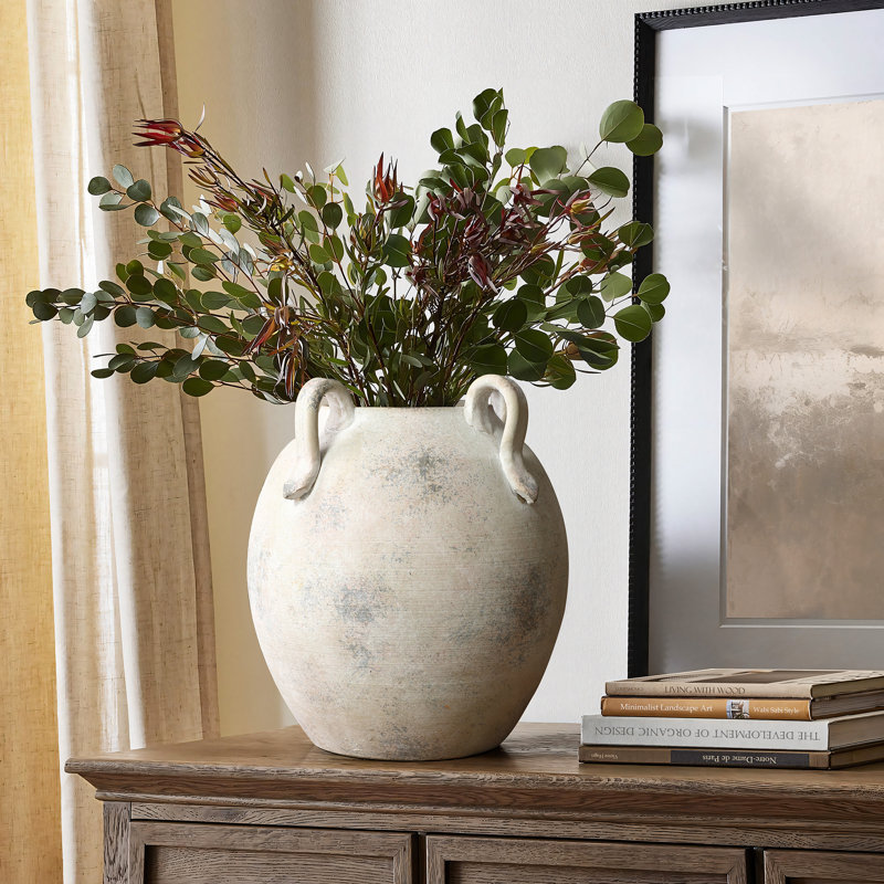 Vintage Mutli-Color Gray and White Terracotta 11-Inch Round Amphora Vase with Handles, White 