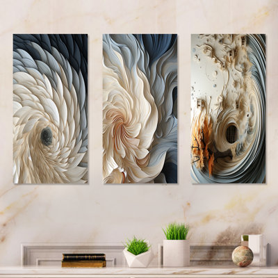 Plume blanche et bleue en spirale I - ensemble de 3 décorations murales géométriques abstraites en métal