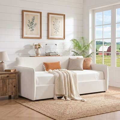 Modern Linen Daybed With Pneumatic Lift-Up Storage, No Box Spring Needed, Cream