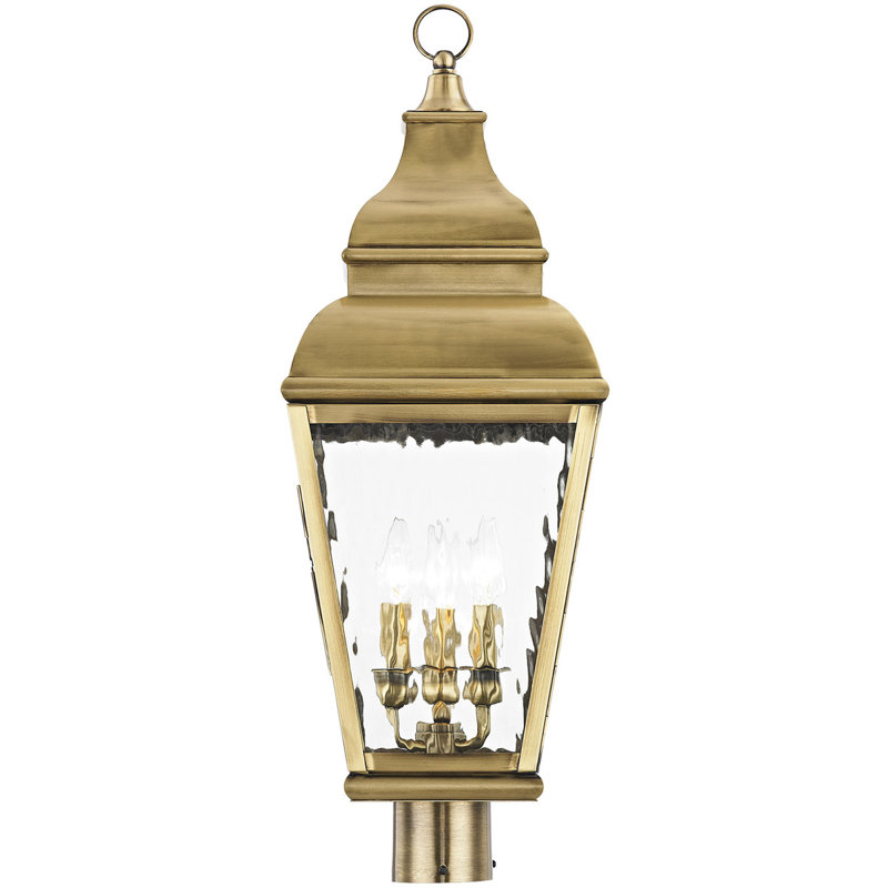 10 Inch 3 Light Post Lantern Pendant with Clear Water Glass - Outdoor Lighting Fixture., Antique Brass