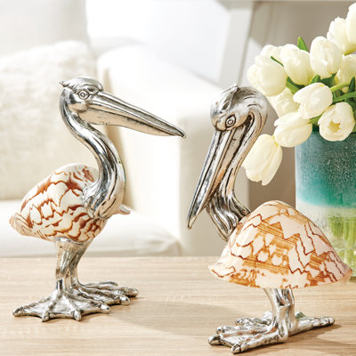 11"H Set of 2 Silver-Plated Pelican Sculptures with Genuine Shell Accents