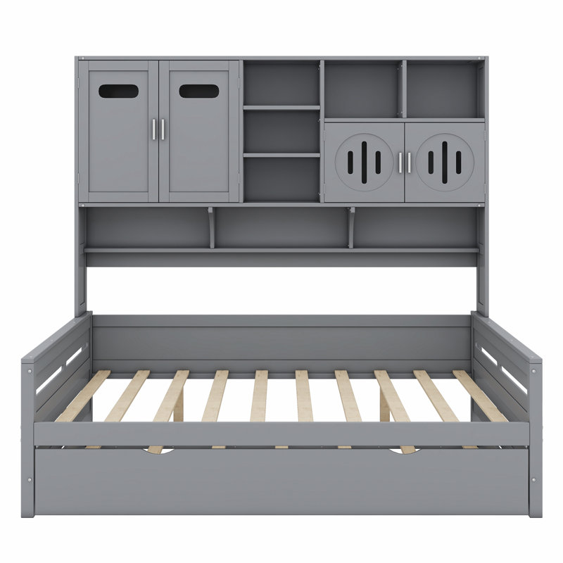 Wooden Daybed With Trundle,All-In-One Cabinet And Shelf, Gray, Full/Double