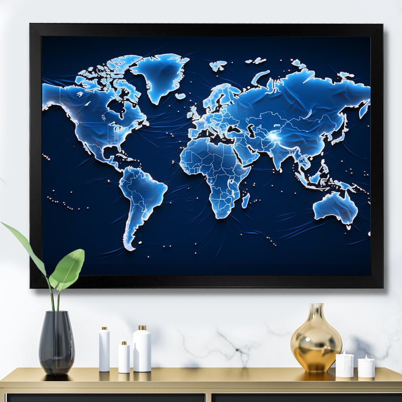 Méridiens majestueux - carte du monde murale, Cadre simple noir, H 16 po x l 32 po x P 1 po