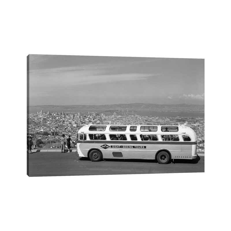 1950s Sightseeing Tour Bus Parked At Twin Peaks For View Of San Francisco And Bay Area California USA - Wrapped Canvas Print