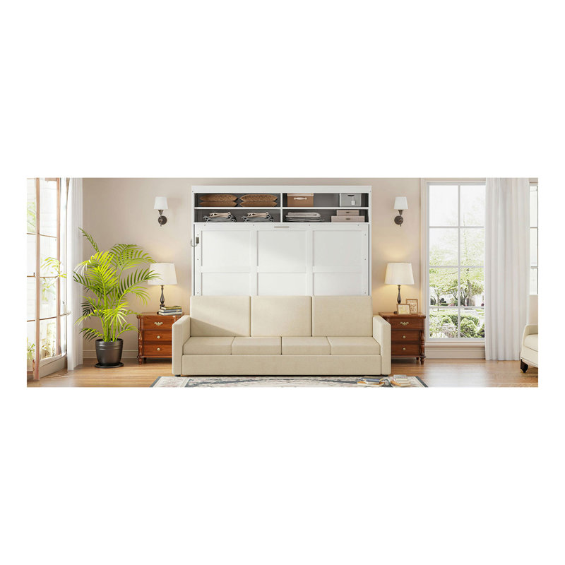 Grand lit escamotable mural avec canapé, blanc
