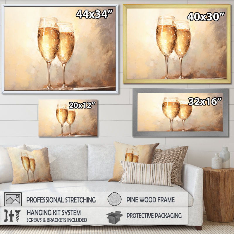 Minimalisme, champagne, verres, collage, vin et champagne, décoration murale, H 24 po x l 32 po x P 1 po, Cadre flottant doré