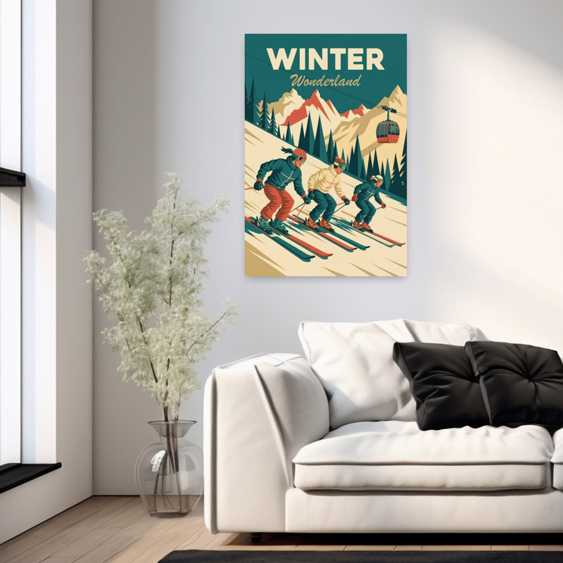 Hiver au pays des merveilles, ski, rétro, pin abstrait, paysage de montagne, art mural, H 36 po x l 24 po