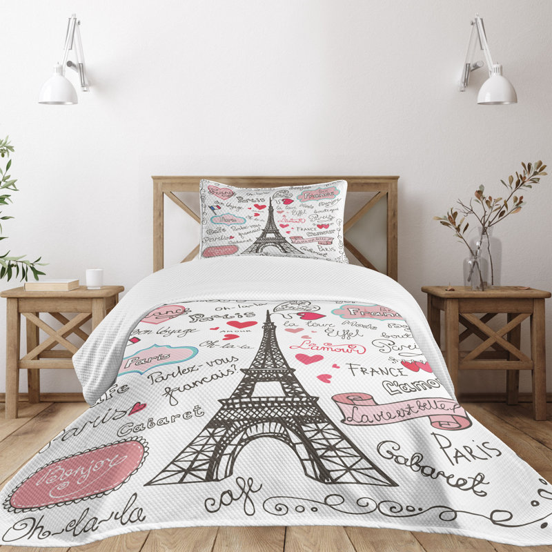 Twin White Quilted Bedspread Set with Paris Design