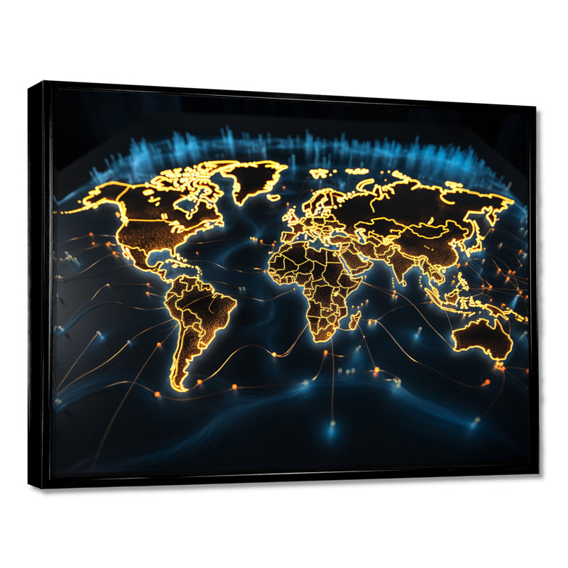 Golden Radiant Map Of The World - World Map Wall Art Living Room, Black Floater Framed Canvas, 12" H x 20" W x 1" D