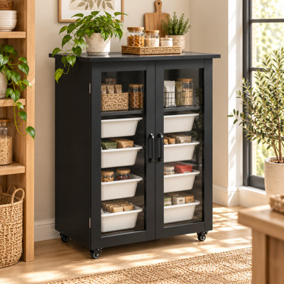 34" H Mobile Pantry Storage Cabinet with 8 Removable Bins, Tempered Glass Doors & Locking Casters