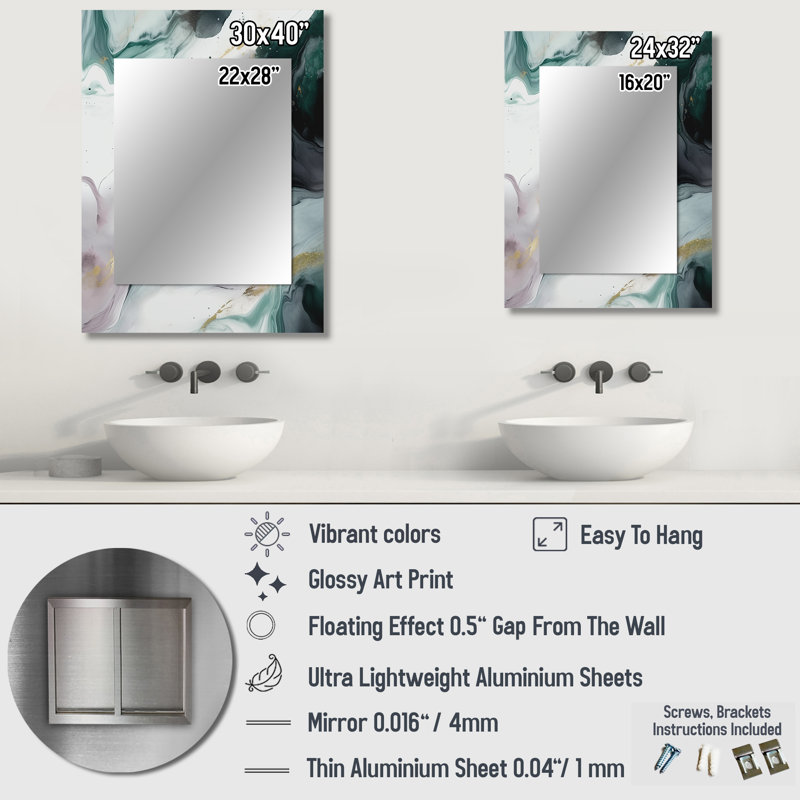 Green And White Contemplative Abstraction II - Marble Decorative Wall Mirror, Green Mirror, Printed Metal Art, 32" x 24"