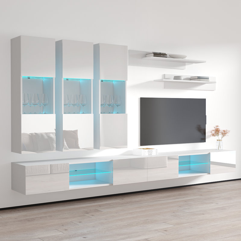 126" Modern Floating Wall Mounted Entertainment Center with 16-Color LED Lighting, High Gloss Finish, White