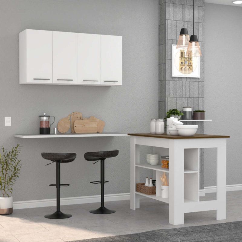 Ensemble de cuisine à 5 tablettes et 4 portes 2 pièces Burlingame, îlot de cuisine et armoire murale supérieure blanc et noyer