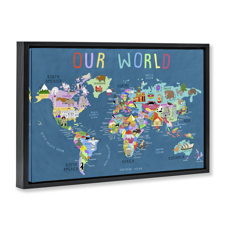 Our Our World Map, toile flottante encadrée par Carla Daly, Cadre flottant noir de jais, H 17 po x l 25 po