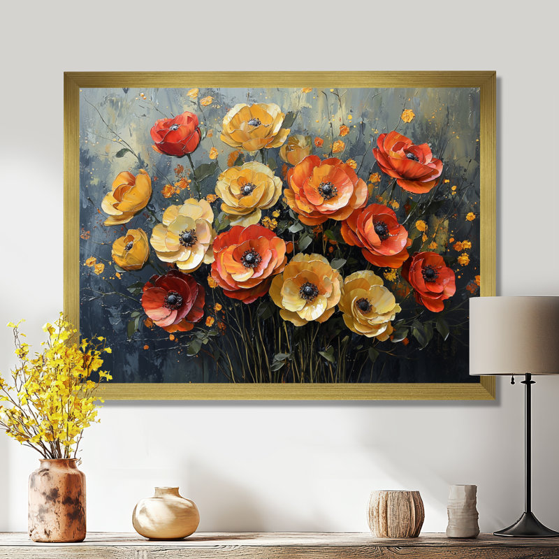 Coucher de soleil sur fond de rose dans le vent I - Roses, art mural, Reproduction encadrée d'une seule photo, Or