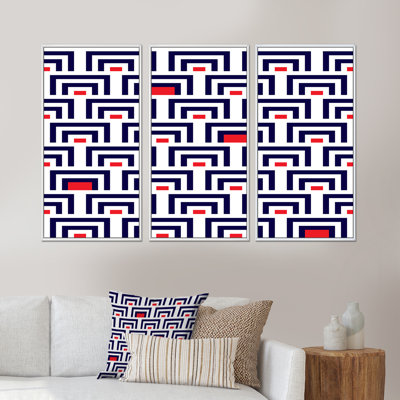Carrés géométriques bleus et rouges - ensemble de 3 reproductions d'art encadrées sur toile