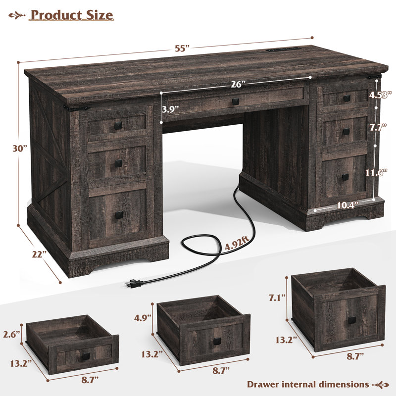 55'' Dark Rustic Oak Executive Desk with Power Outlet and USB Port