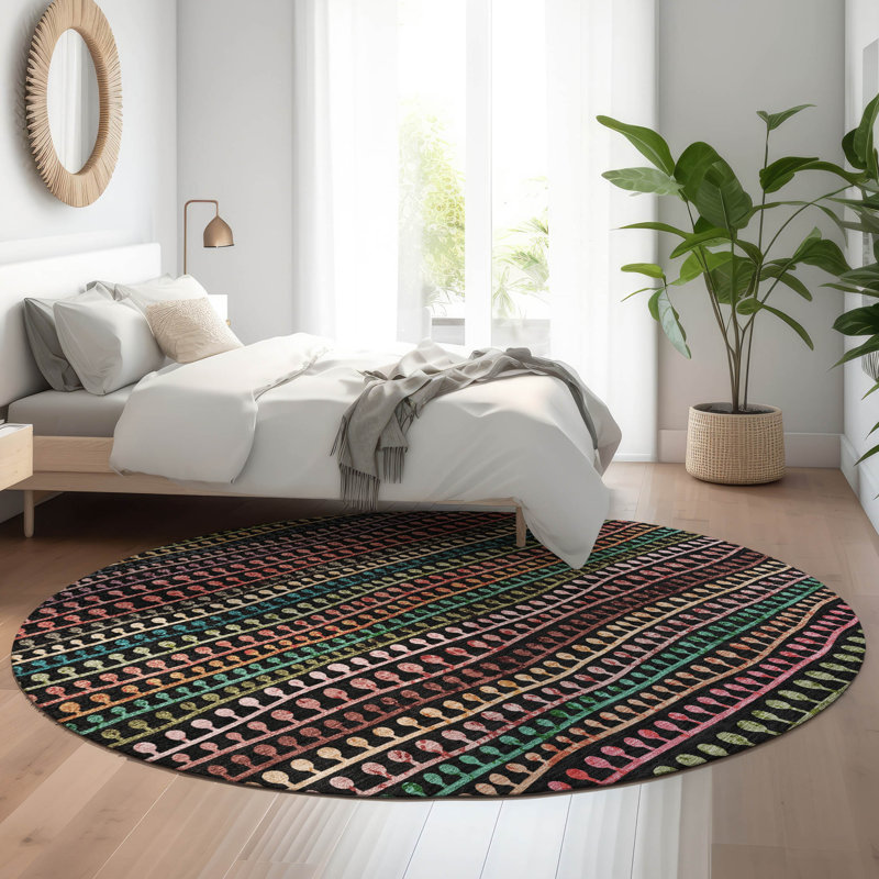 Premium Machine Washable Prisco Black Rug, Round 8'